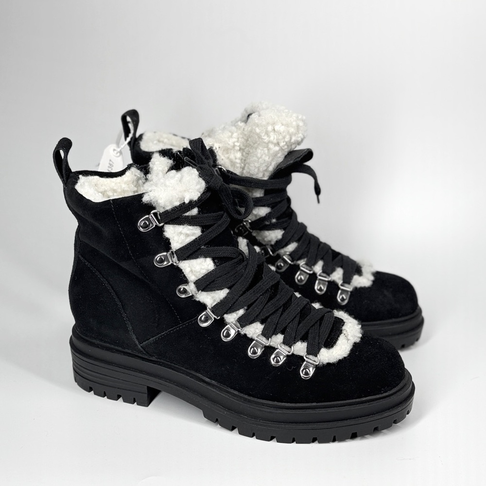 Steve Madden Resa Black Suede Shearling Boots Hiking Lace Up Platform Size 7